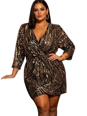 FAERIESTY Sequined Faux Wrap Mini Dress - 2XL